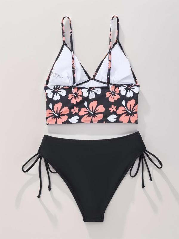 Two-Piece Set Women's Floral Print Bikini Set, Adjustable Strap Bra & Drawstring High Cut Panty, Ladies Summer Swimwear for Beach Holiday Vacation