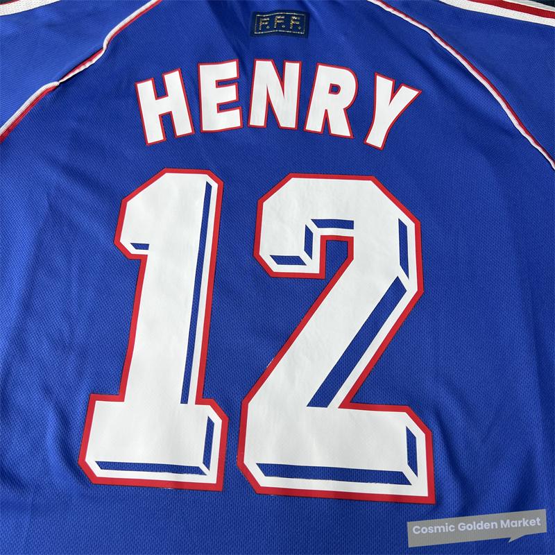 1998 World Cup France Home Blue Short Sleeve Top Vintage Quick Dry HENRY No.12 Soccer Jerseys