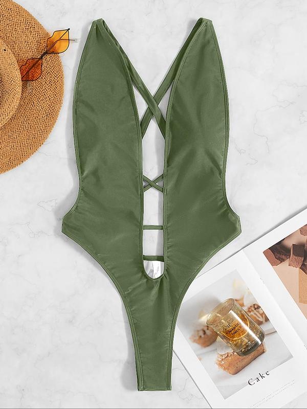 Women's Plain Criss Cross Backless Thong Design One-Piece Swimsuit, Casual Ring Linked Cut Out Deep V Neck Swimwear for Summer, Ladies Swimsuit for Beach Holiday Vacation