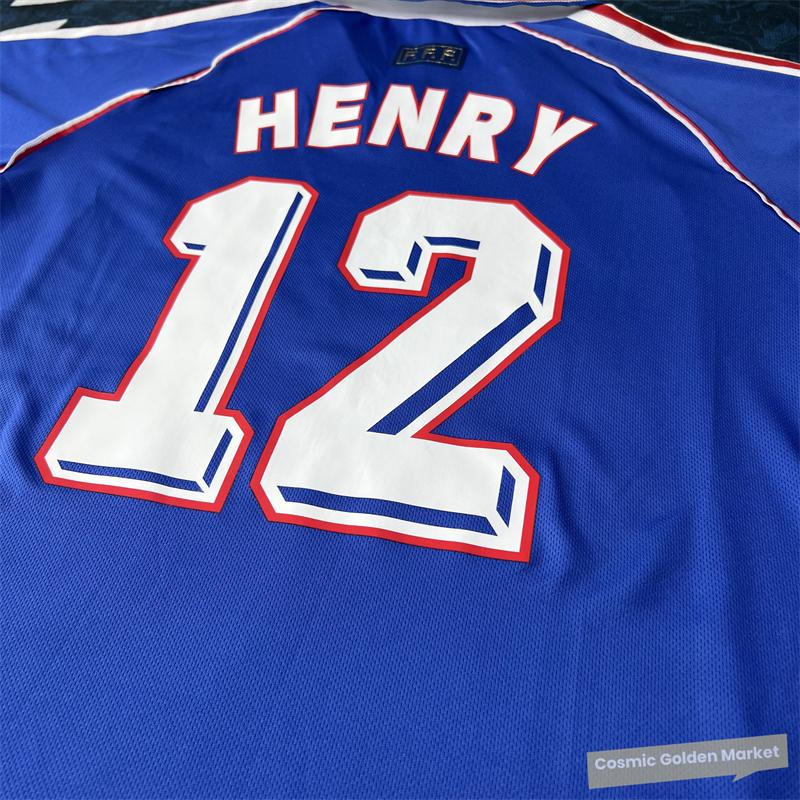 1998 World Cup France Home Blue Short Sleeve Top Vintage Quick Dry HENRY No.12 Soccer Jerseys