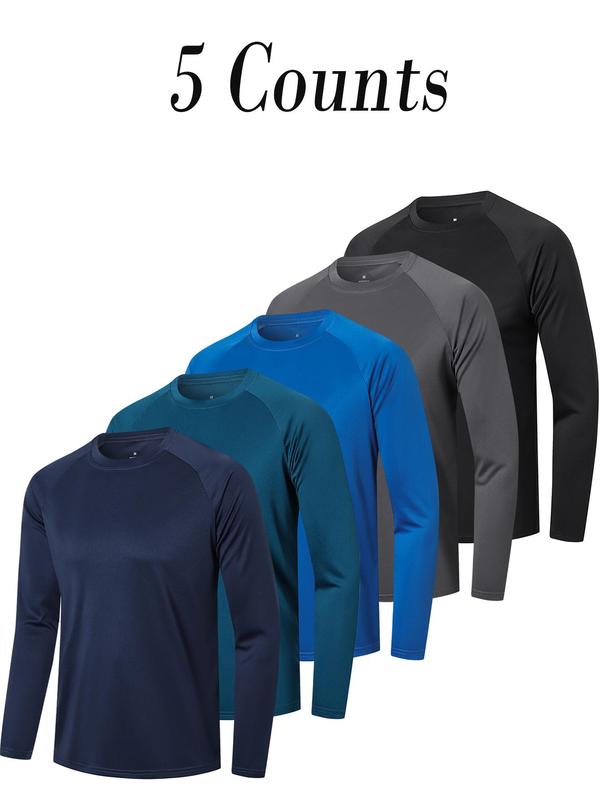 Men's Solid Round Neck Long Sleeve Sports Tee, Quick Drying Breathable Crew Neck T-Shirt for Gym Workout Running, Casual Sportswear for Men