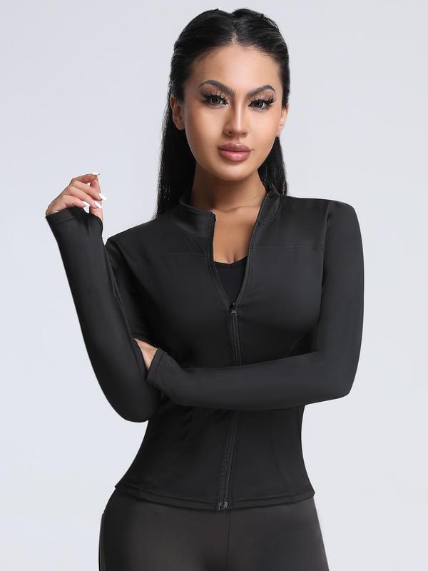 Women's Solid Zip Up Sports Jacket, Sporty Breathable Long Sleeve Mock Neck Outerwear for Golf Tennis Workout, Ladies Sportswear for All Seasons