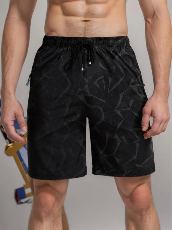 Men's All Over Geometric Print Drawstring Waist Sports Shorts, Gym Shorts, Regular Fit Sporty Zipper Pocket Shorts, Men's Summer Sportswear for Gym Fitness