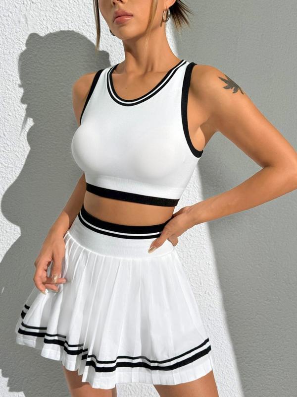 Women's Contrast Binding Crop Tank Top & High Waist Skort Sports Set, Sporty Scoop Neck Sleeveless Top & Pleated Skort, Ladies Summer Sportswear