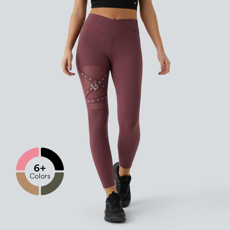 Halara SoftlyZero Eco High Waisted Crossover Contrast Mesh Adjustable Buckle Yoga 7 8 Leggings