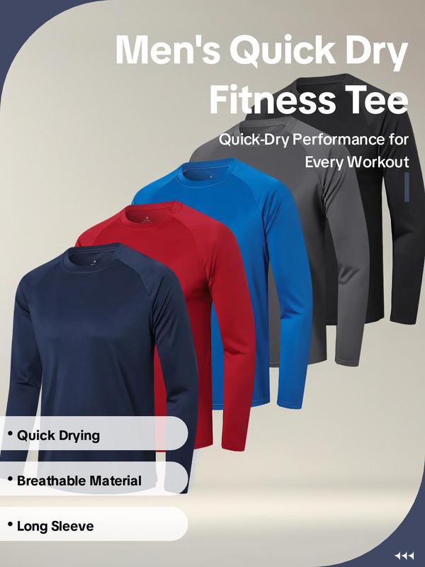 Men's Solid Round Neck Long Sleeve Sports Tee, Quick Drying Breathable Crew Neck T-Shirt for Gym Workout Running, Casual Sportswear for Men