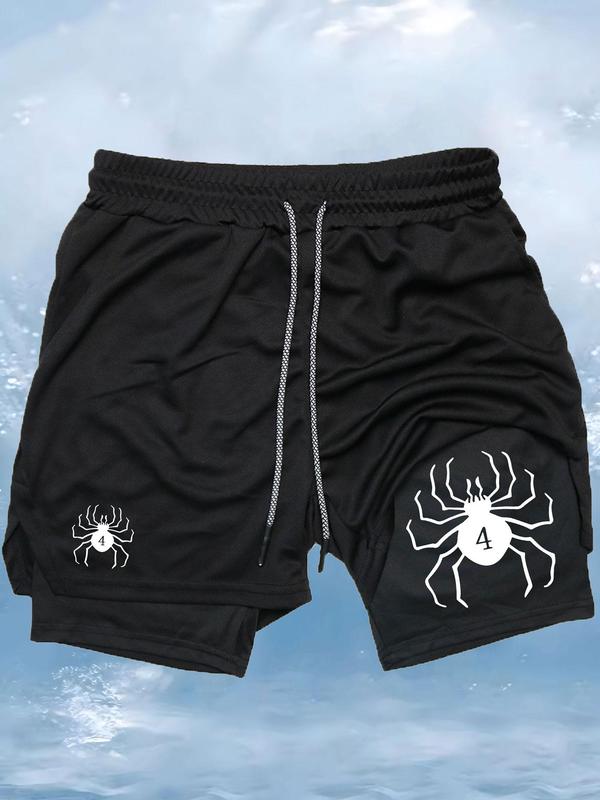 Men's Spider Print 2 in 1 Drawstring Waist Athletic Sports Shorts, Fall Outfits, Fallfreshness Casual Sporty Regular Fit Quick Drying Breathable Sports Shorts, Gym Shorts, Men Sports Shorts for Gym Workout Running