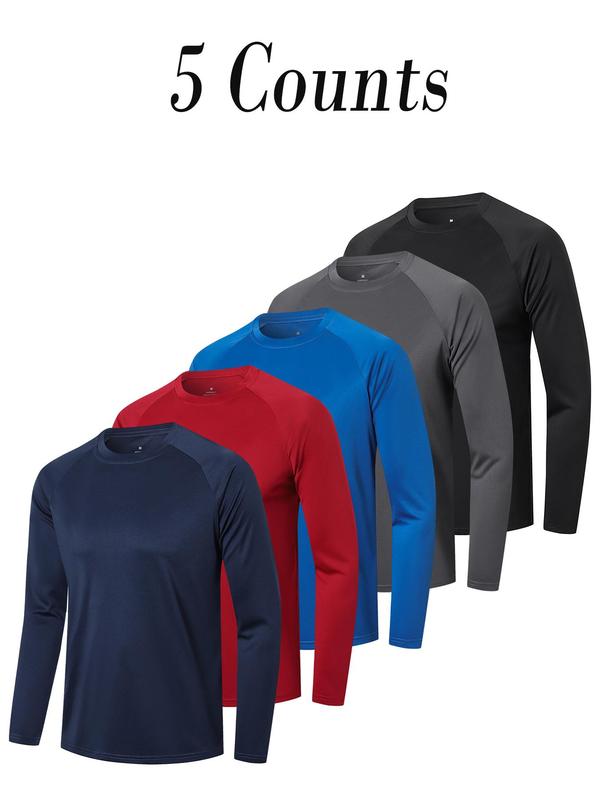 Men's Solid Round Neck Long Sleeve Sports Tee, Quick Drying Breathable Crew Neck T-Shirt for Gym Workout Running, Casual Sportswear for Men