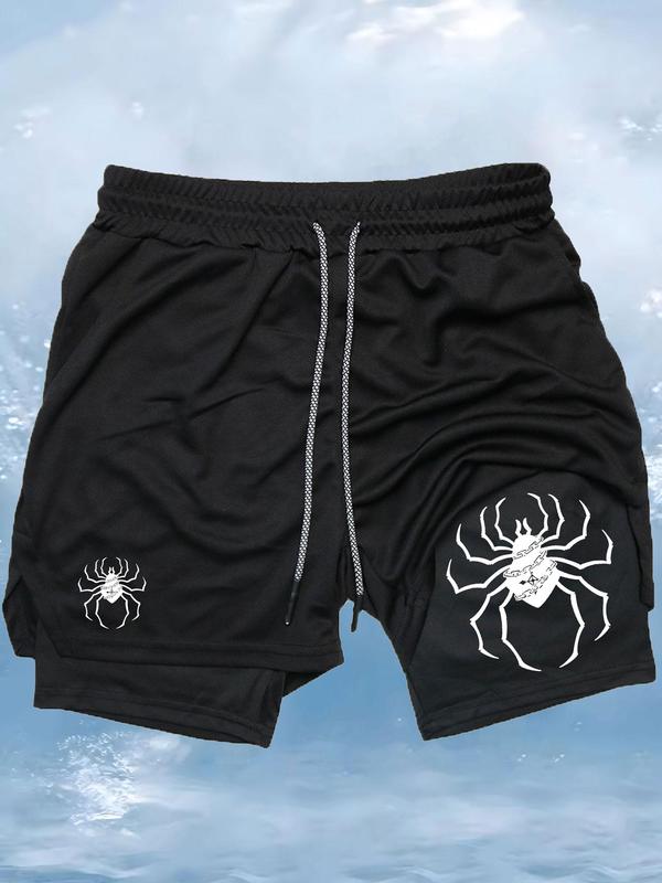 Men's Spider Print 2 in 1 Drawstring Waist Athletic Sports Shorts, Fall Outfits, Fallfreshness Casual Sporty Regular Fit Quick Drying Breathable Sports Shorts, Gym Shorts, Men Sports Shorts for Gym Workout Running