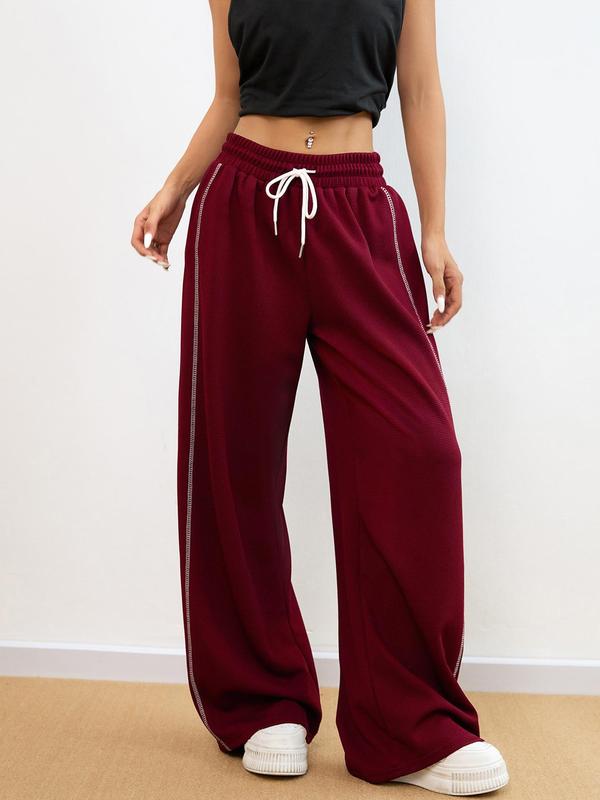 Women's Drawstring Waist Sports Joggers,  Track Pants, Sporty Contrast Binding Wide Leg Trousers for Daily Outdoor Wear, Ladies Sportswear for All Seasons, Fall Outfits 2024