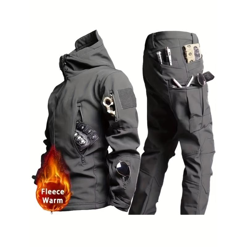 2-Piece Set, Water-Resistant Fleece-Lined Men's Hooded Jacket And Pants With Multiple Pockets For Outdoor And Sports Activities