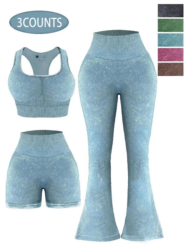 Three-Piece Set Women's Solid Square Neck Wireless Sports Bra & High Waist Flare Leg Leggings & Shorts Tracksuit Set, Sporty Outfits for Yoga Gym Running, Ladies Sportswear