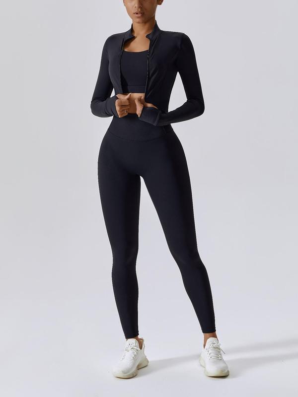 Three-Piece Set Women's Solid Criss Cross Crop Tank Top & High Waist Leggings & Zip Up Crop Jacket Tracksuits Set, Breathable Comfy Outfits for Yoga Gym Workout Running, Ladies Sportswear for All Seasons Fall Outfits