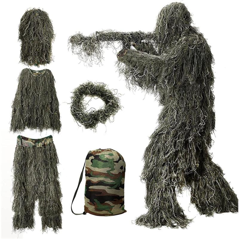 DoCred 5 in 1 Ghillie Suit, 3D Camouflage Hunting Apparel w Jacket, Pants, Hood, Carry Bag for Adults Youth, S M L XL XXL