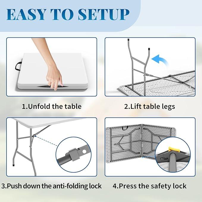 6ft Folding Table with Handle & Safety Locks - Portable Picnic & Camping Table, Indoor Outdoor Dining & Work Table for Weddings & Parties Plastic Construction