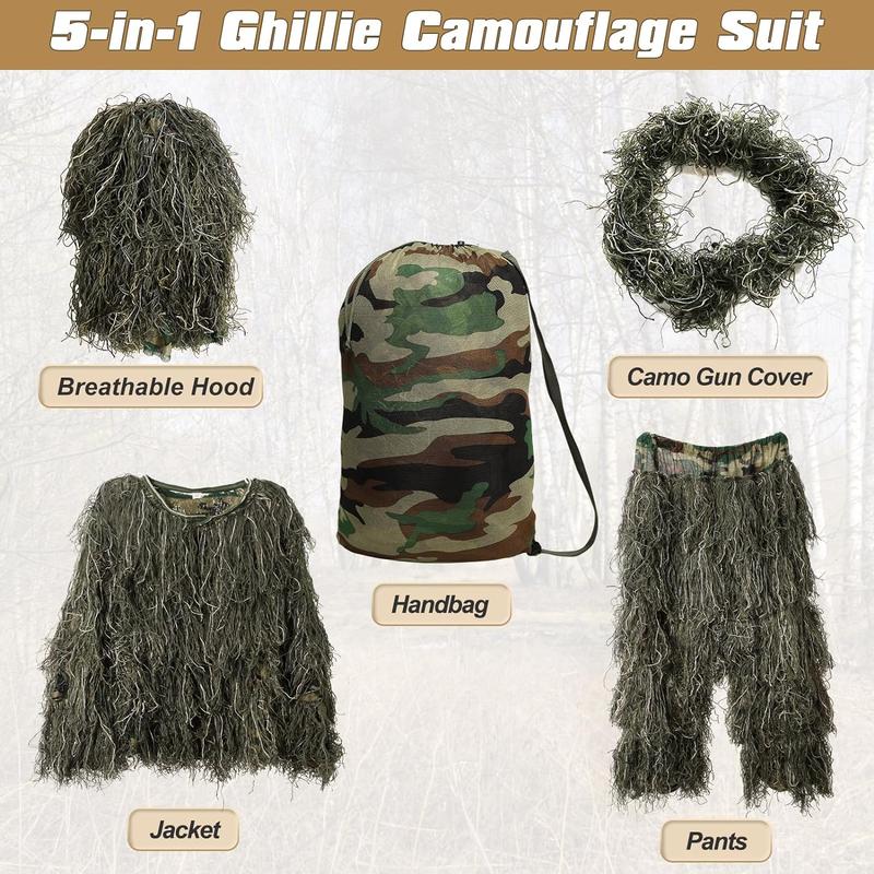 DoCred 5 in 1 Ghillie Suit, 3D Camouflage Hunting Apparel w Jacket, Pants, Hood, Carry Bag for Adults Youth, S M L XL XXL