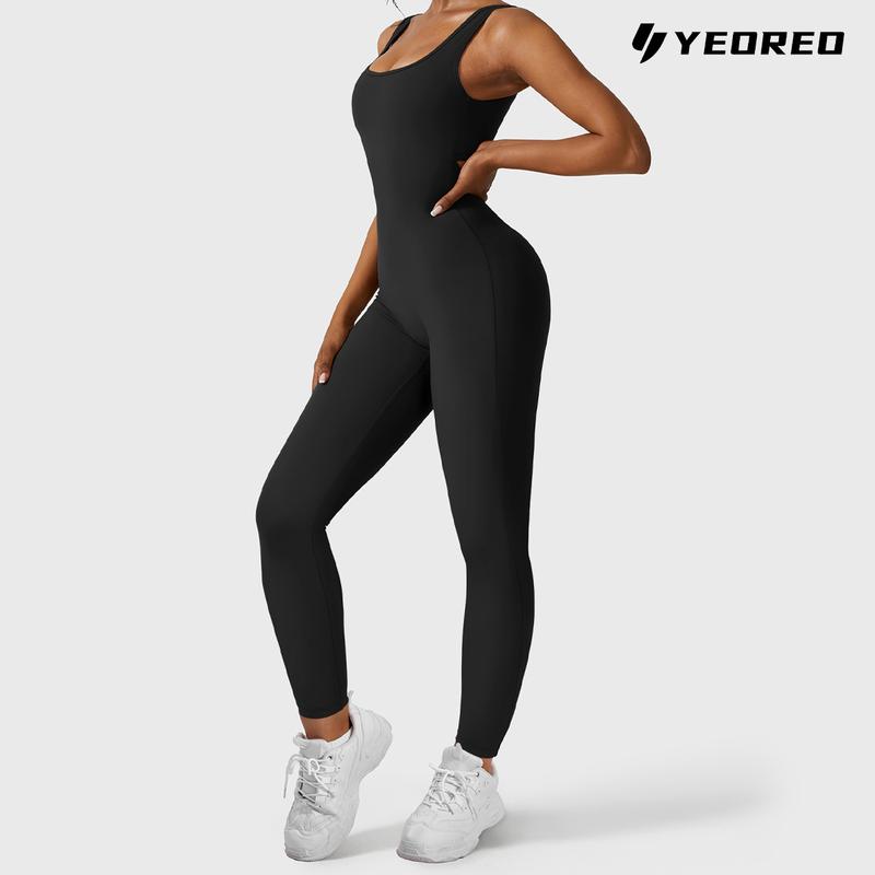 YEOREO Sleeveless Jumpsuits for Women Sexy Backless Gym Bodycon Lizvette V Back Scrunch Butt Rompers gym outfit athlete