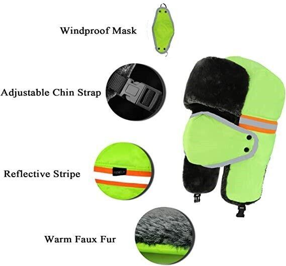 Hi Vis Reflective Mens Winter Outdoor Trapper Safety Hat Earflap Thermal Fur Skiing Caps Worm