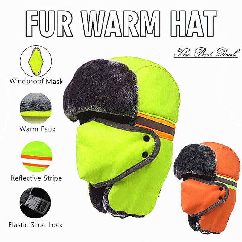 Hi Vis Reflective Mens Winter Outdoor Trapper Safety Hat Earflap Thermal Fur Skiing Caps Worm