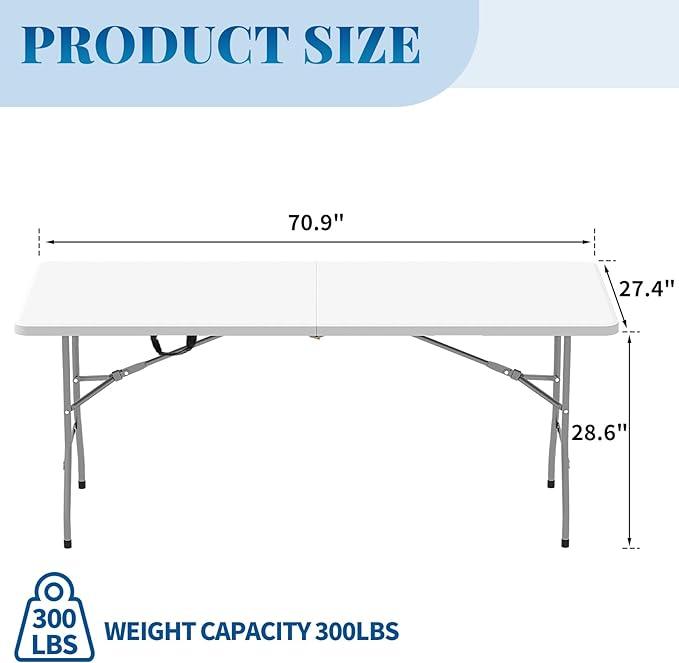 6ft Folding Table with Handle & Safety Locks - Portable Picnic & Camping Table, Indoor Outdoor Dining & Work Table for Weddings & Parties Plastic Construction