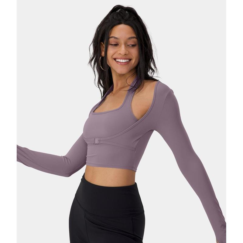 Halara Softlyzero plush Halter Thumb Hole Long Sleeve Cropped 2-in-1 Yoga Sports Top