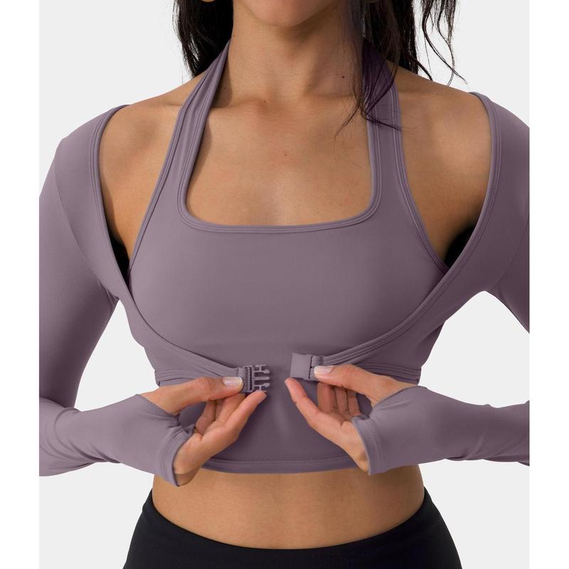 Halara Softlyzero plush Halter Thumb Hole Long Sleeve Cropped 2-in-1 Yoga Sports Top