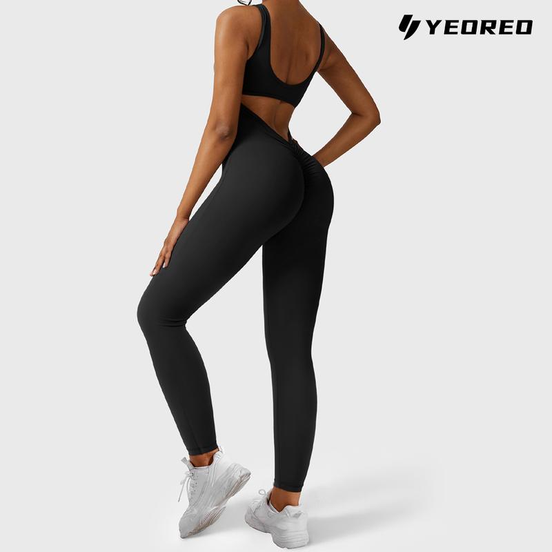 YEOREO Sleeveless Jumpsuits for Women Sexy Backless Gym Bodycon Lizvette V Back Scrunch Butt Rompers gym outfit athlete