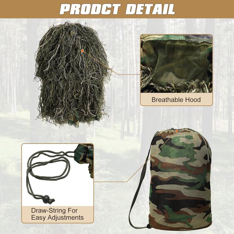 DoCred 5 in 1 Ghillie Suit, 3D Camouflage Hunting Apparel w Jacket, Pants, Hood, Carry Bag for Adults Youth, S M L XL XXL