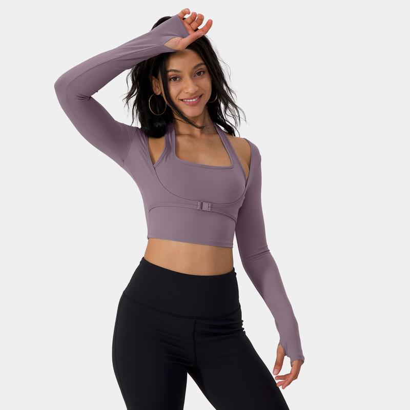 Halara Softlyzero plush Halter Thumb Hole Long Sleeve Cropped 2-in-1 Yoga Sports Top