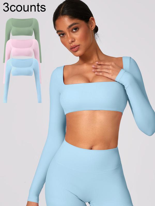 Women's Solid Long Sleeve Sports Crop Tee without Leggings, Gym Mitsy Crop Top, Sporty Clothes Women, Square Neck Tight-fitting T-shirt, Ladies Sportswear, Back To School, Fall Outfits, Fallfreshness 90S Clothes, Fall Clothing Women