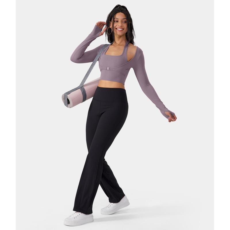 Halara Softlyzero plush Halter Thumb Hole Long Sleeve Cropped 2-in-1 Yoga Sports Top