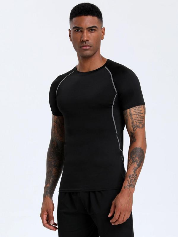 Men's Contrast Binding Round Neck Compression Sports Tee, Athletic Clothes, Quick Drying Breathable Crew Neck Short Sleeve T-shirt for Running Gym Workout, Compression Shirts, Fall Outfits, Casual Sporty Top, Fallfreshness Clothes