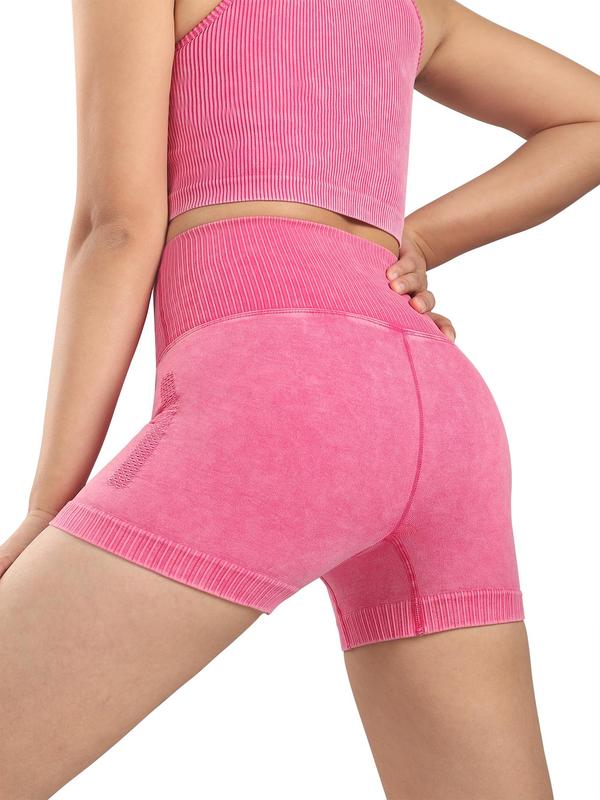 Women's Solid High Waist Sports Gym Shorts, Comfy Breathable Seamless Hollow Out Biker Shorts, Ladies Summer Sportswear for Yoga Gym Workout Running