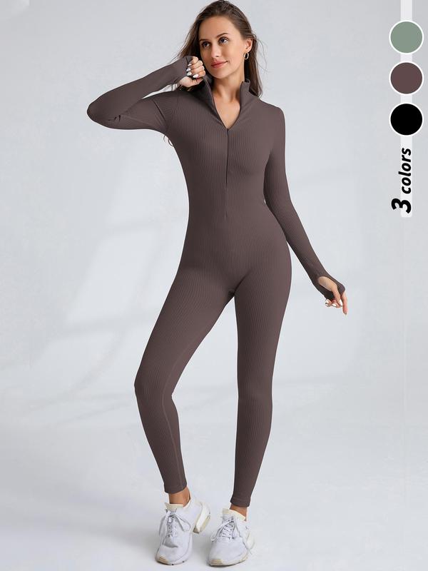 Women's Solid Thumb Hole Mock Neck Sports Jumpsuit, Casual Sporty Long Sleeve Zipper Jumpsuit for Yoga Gym Workout, Ladies Sportswear for All Seasons