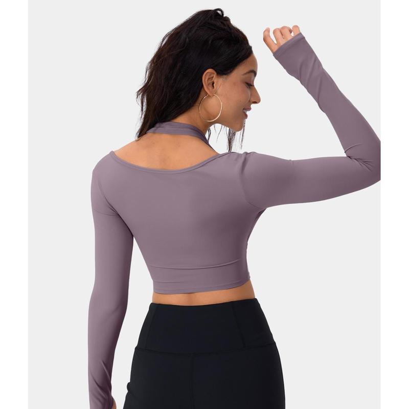 Halara Softlyzero plush Halter Thumb Hole Long Sleeve Cropped 2-in-1 Yoga Sports Top