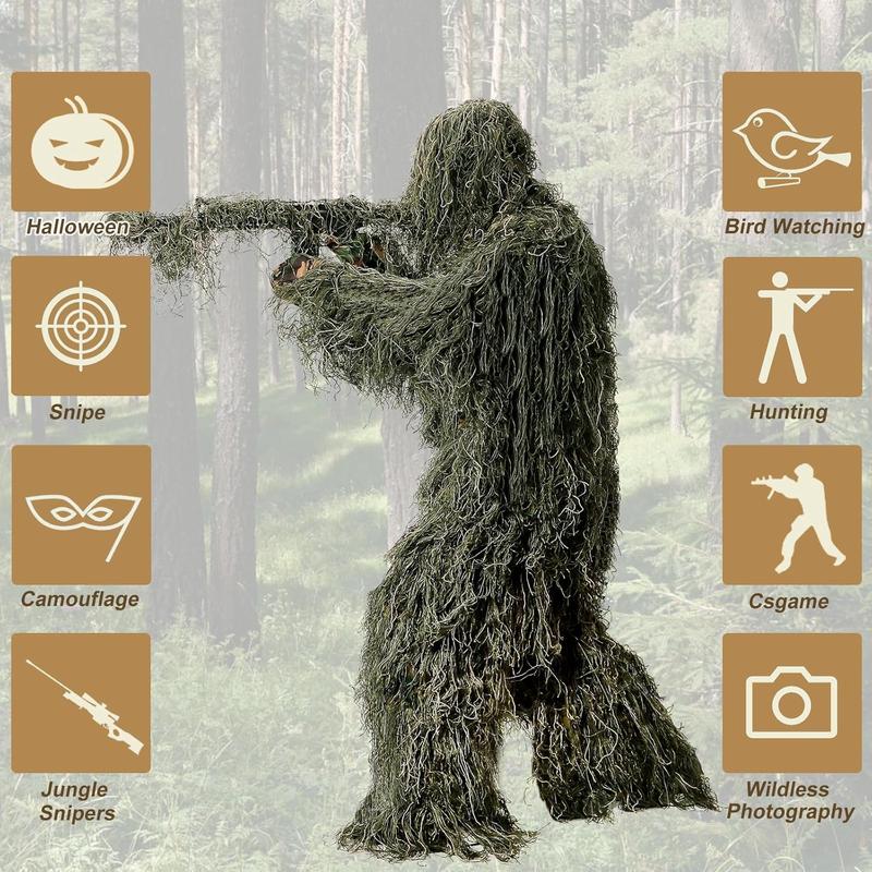 DoCred 5 in 1 Ghillie Suit, 3D Camouflage Hunting Apparel w Jacket, Pants, Hood, Carry Bag for Adults Youth, S M L XL XXL