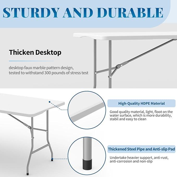 6ft Folding Table with Handle & Safety Locks - Portable Picnic & Camping Table, Indoor Outdoor Dining & Work Table for Weddings & Parties Plastic Construction