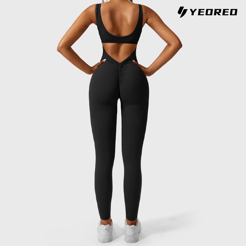 YEOREO Sleeveless Jumpsuits for Women Sexy Backless Gym Bodycon Lizvette V Back Scrunch Butt Rompers gym outfit athlete