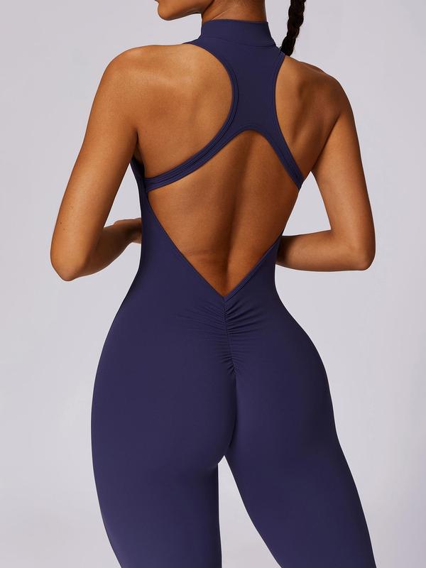 Women's Solid Cut Out Backless Ruched Sports Tummy Control Jumpsuit, High Waist Zipper Mock Neck Sleeveless Bodycon Jumpsuit for Workout Gym Yoga, Ladies Sportswear for Indoor Outdoor Wear, Outdoor Clothing