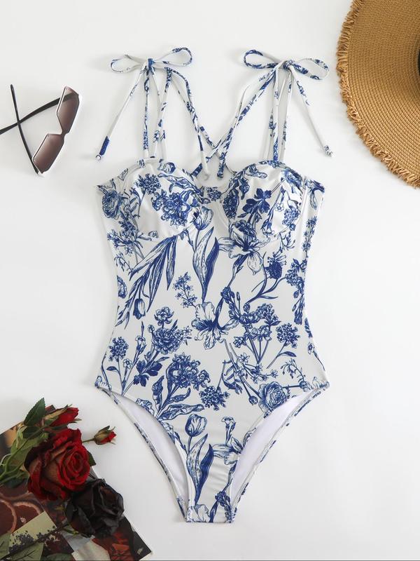 Women's Floral Print Tie Shoulder One-piece Swimsuit, Boho Criss Cross Sleeveless Spaghetti Strap Swimwear for Beach Holiday Vacation, Ladies Summer Clothes