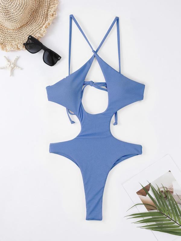 Women's Plain Criss Cross Cut Out Backless One-piece Swimsuit, Solid Spaghetti Strap Tie Back Swimwear, Bathing Suits 2024 for Women, Sexy Summer Swimsuit, Ladies Swimsuit for Beach Holiday Vacation