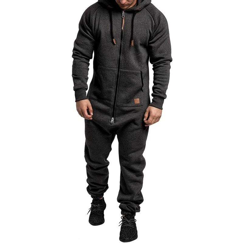 Men's Jumpsuit Drawstring Hoodie Full Zip Sportswear with Pockets, Men's Hooded Suede Jumpsuit, Long Sleeve Full Zip Jumpsuit Band