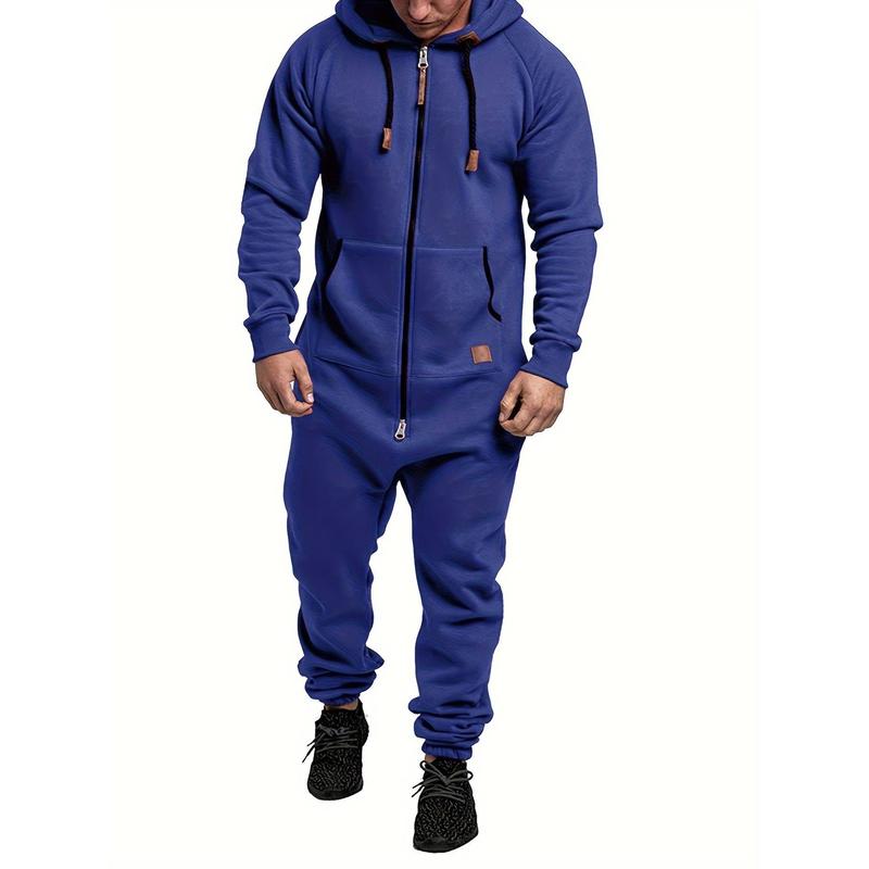 Men's Jumpsuit Drawstring Hoodie Full Zip Sportswear with Pockets, Men's Hooded Suede Jumpsuit, Long Sleeve Full Zip Jumpsuit Band