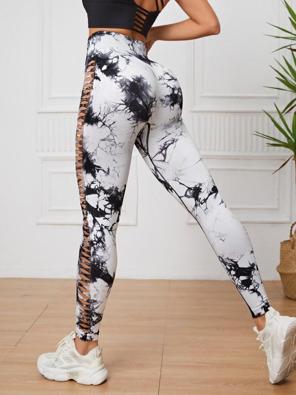 Women's Tie Dye Print Cut Out High Waist Sports Leggings, Casual Comfy Breathable Skinny Pants for Yoga Gym Workout Running, Ladies Sportswear for All Seasons, Tummy Control