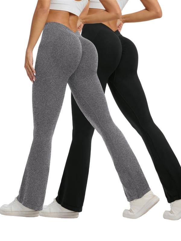 Women's Solid Ruched Tummy Tighten Butt Lift Sports Leggings, High Waist Skinny Micro Flare Leg Pants, Ladies Sportswear for Indoor Outdoor Wear