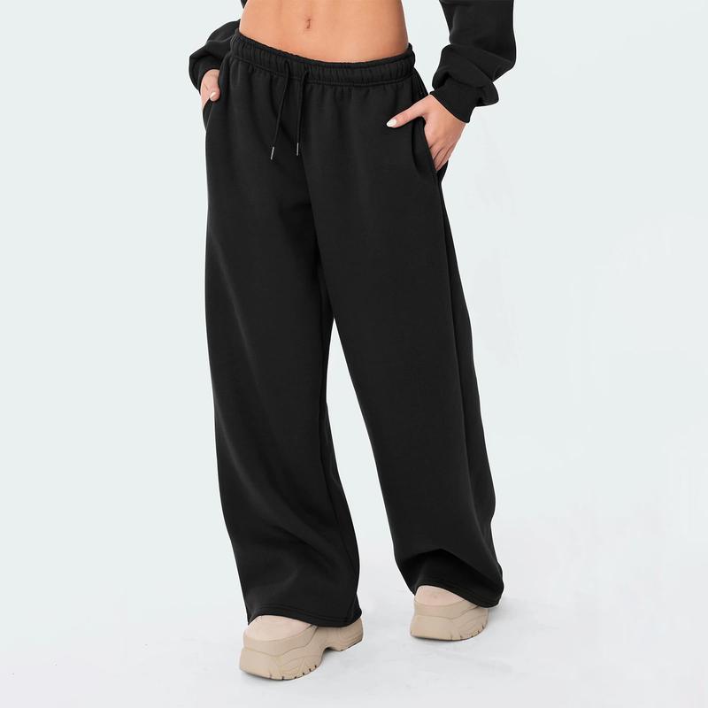 Women Y2K Drawstring Sweatpants Low Rise Wide Leg Ankle Slit Fold Over Pants Comfy Jogger Trousers with Pocket