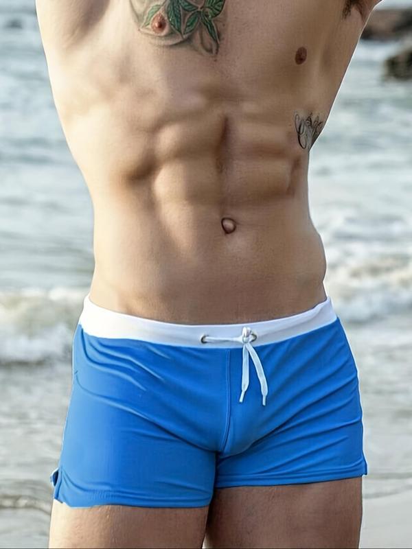 Men Swim Trunks, Men's Colorblock Trim Tie Front Split Swim Shorts, Casual Pocket Zipper Grommet Eyelet Swim Bottoms, Men's Swimwear for Summer