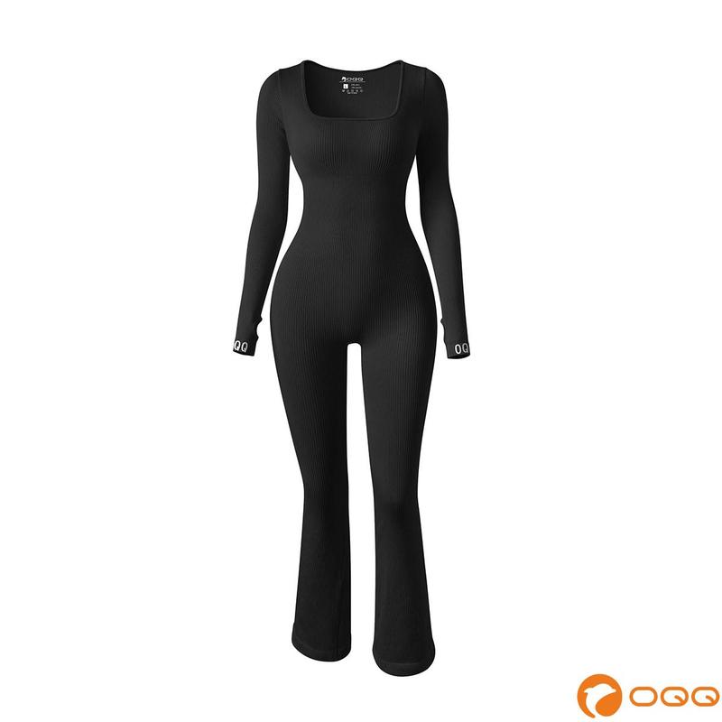 OQQ Women Yoga Jumpsuits Ribbed Exercise Long Sleeve Tops Bell Bottoms Flare Jumpsuits