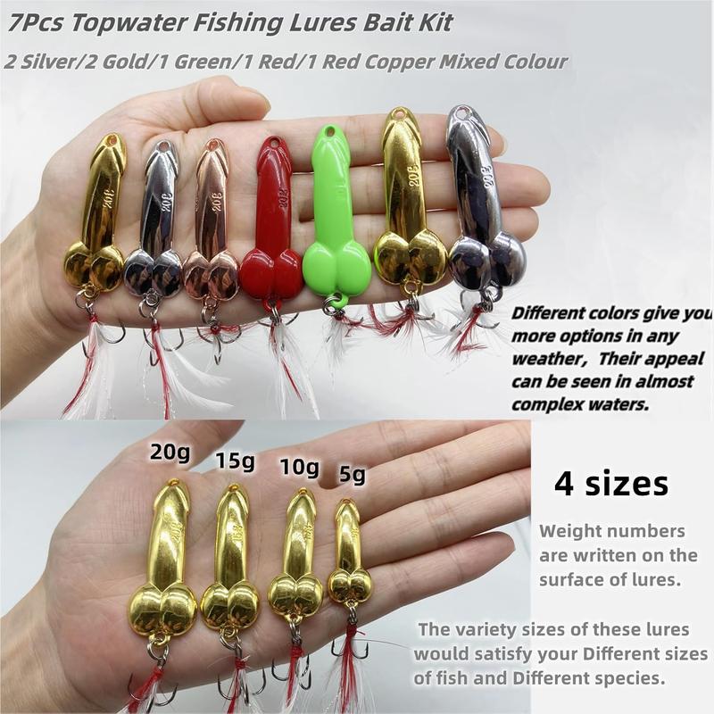 7 count Topwater Fishing Lures  Kit ,5g 10g 15g 20g Bass Fishing Lure with Custom Made Trebles Hooks Red and White Feathers,Specific   Green Red Red Copper Mixed Colour