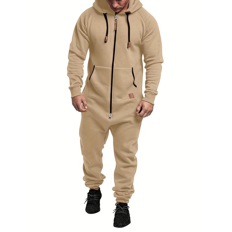 Men's Jumpsuit Drawstring Hoodie Full Zip Sportswear with Pockets, Men's Hooded Suede Jumpsuit, Long Sleeve Full Zip Jumpsuit Band